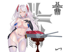 Rule 34 | 1girl, absurdres, alternate costume, azur lane, black gloves, breasts, elbow gloves, gloves, hair ornament, hair ribbon, hand on breast, hand on own hip, highres, large breasts, long hair, looking at viewer, navel, orange eyes, panties, prinz eugen (azur lane), pubic tattoo, ribbon, silver hair, simple background, solo, standing, stomach, tattoo, thighhighs, underwear, white panties, white thighhighs, xiao huanggua
