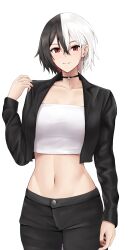 Rule 34 | 1girl, azur lane, black choker, black hair, black jacket, black pants, bruenhilde (azur lane), choker, collarbone, commentary request, cowboy shot, earrings, hair between eyes, highres, jacket, jakqbigone, jewelry, long sleeves, looking at viewer, midriff, multicolored hair, nail polish, navel, open clothes, open jacket, pants, red eyes, red nails, short hair, simple background, smile, solo, standing, stomach, strapless, tube top, two-tone hair, white background, white hair