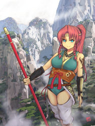 Rule 34 | &gt;:), (e (kakko ii), 1girl, alternate costume, alternate hairstyle, animal print, aqua eyes, arm at side, arm guards, armor, bare shoulders, braid, breasts, bush, chinese clothes, cleavage, cosplay, detached pants, eyebrows, fingerless gloves, gauntlets, gloves, highres, holding, holding staff, holding weapon, hong meiling, journey to the west, large breasts, long hair, looking at viewer, outdoors, parted bangs, partially submerged, plant, ponytail, red ribbon, ribbon, rock, side braid, smile, solo, staff, standing, sun wukong, sun wukong (cosplay), tattoo, tiara, tiger print, touhou, tree, twin braids, underbust, v-shaped eyebrows, wading, weapon
