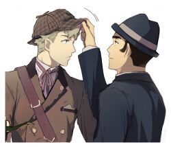 Rule 34 | 2boys, ace attorney, adjusting clothes, adjusting headwear, black eyes, black hair, blonde hair, blue eyes, blue headwear, blue jacket, bowl, bowl hat, brown headwear, brown jacket, closed mouth, collared shirt, commentary request, deerstalker, hat, herlock sholmes, jacket, korean commentary, lo (aibo h0), long sleeves, looking at another, male focus, multiple boys, neck ribbon, open mouth, pink ribbon, ribbon, shirt, short hair, simple background, smile, the great ace attorney, the great ace attorney 2: resolve, upper body, white background, white shirt, yujin mikotoba