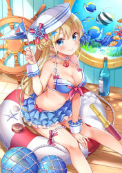 Rule 34 | 1girl, anchor, anchor necklace, bad id, bad pixiv id, ball, bare legs, between legs, bikini, bikini skirt, bikini top only, blonde hair, blue bikini, blue eyes, blue skirt, blush, bottle, braid, breasts, cleavage, closed mouth, collarbone, compass, dolphin hair ornament, fish, flag, french braid, front-tie bikini top, front-tie top, hair ornament, hand between legs, hand up, hat, higeneko, highres, holding, holding flag, indoors, jewelry, large breasts, leaning forward, lifebuoy, long hair, miniskirt, navel, necklace, net, original, pearl necklace, pennant, porthole, revision, sailor hat, seashell, shell, ship&#039;s wheel, skirt, smile, solo, starfish, swim ring, swimsuit, telescope, thighlet, tropical fish, wooden floor, wrist cuffs
