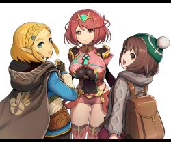 Rule 34 | 3girls, armor, backpack, bag, blonde hair, bob cut, braid, breasts, brown eyes, brown hair, cape, cardigan, covered navel, creatures (company), crossover, crown braid, dress, earrings, fingerless gloves, game freak, gem, gloria (pokemon), gloves, gonzarez, green headwear, grey cardigan, hair ornament, hairclip, hat, headpiece, highres, jewelry, long sleeves, looking at viewer, multiple girls, nintendo, open mouth, parted bangs, pink dress, pointy ears, pokemon, pokemon swsh, princess zelda, pyra (xenoblade), red eyes, red hair, red shorts, short hair, shorts, shoulder armor, smile, swept bangs, tam o&#039; shanter, the legend of zelda, the legend of zelda: breath of the wild, the legend of zelda: tears of the kingdom, thick eyebrows, tiara, trait connection, xenoblade chronicles (series), xenoblade chronicles 2