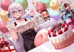 Rule 34 | 1girl, balloon, bare shoulders, between breasts, black choker, braid, breasts, cake, choker, commentary, doll, dress, food, french braid, fruit, gift, green eyes, grey hair, happy birthday, highres, hololive, hololive fantasy, houshou marine, houshou marine (1st costume), large breasts, looking at viewer, off-shoulder sweater, off shoulder, official alternate hairstyle, open mouth, oursong (kiam pis), pinstripe dress, pinstripe pattern, ribbed sweater, shiranui flare, shiranui flare (street), shiranui kensetsu, shirogane noel, shirogane noel (casual), short hair, sitting, smile, snowflake choker, snowflake pendant, solo, strap between breasts, strawberry, sweater, sweater tucked in, uruha rushia, uruha rushia (1st costume), usada pekora, usada pekora (1st costume), virtual youtuber, wavy hair, white sweater