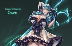 Rule 34 | 1girl, ahoge, alternate breast size, arm up, aura, black gloves, blue eyes, blue hair, blue pupils, breasts, character name, copyright name, cropped, dress, drill hair, frilled dress, frills, gloves, gwen (league of legends), highres, holding, holding needle, holding scissors, holding weapon, large breasts, league of legends, long hair, mad kimo, needle, oversized object, parted lips, pink pupils, scissors, smile, solo, thread, weapon, white dress