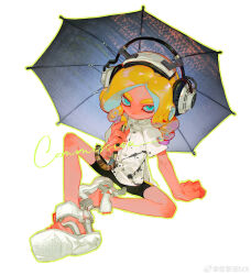 Rule 34 | 1boy, absurdres, bare legs, black shorts, blonde hair, commission, creamyghost, full body, headphones, highres, holding, holding umbrella, looking at viewer, male focus, medium hair, multicolored hair, nintendo, octoling, octoling boy, octoling player character, outline, paint splatter, purple hair, purple umbrella, sandals, shirt, short sleeves, shorts, simple background, sitting, solo, splatoon (series), splatoon 3, sports sandals, streaked hair, t-shirt, tentacle hair, umbrella, watermark, weibo logo, weibo watermark, white background, yellow outline