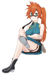 Rule 34 | 10s, 1girl, aqua eyes, bike shorts, black footwear, blush, boku no hero academia, boots, breasts, china dress, chinese clothes, commentary request, crossed arms, domino mask, dress, easy (aqk7bdqt), kendou itsuka, large breasts, crossed legs, long hair, looking at viewer, mask, orange hair, shorts under dress, side ponytail, side slit, simple background, sitting, smile, solo, thigh strap, white background