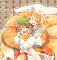 Rule 34 | 2girls, animal ears, argyle, argyle background, argyle clothes, bad id, bad pixiv id, blonde hair, blue dress, blush, bow, brown hair, cat ears, cat girl, cat tail, chen, closed eyes, dress, female focus, fox tail, hat, hat with ears, hug, long sleeves, mother&#039;s day, multiple girls, multiple tails, nekomata, open mouth, red dress, smile, tail, takamura, touhou, wide sleeves, yakumo ran