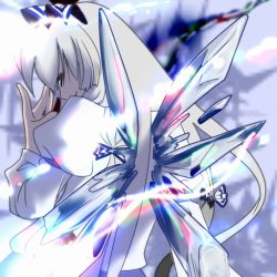 Rule 34 | 1girl, alternate color, alternate element, back, blue theme, cirno, fujiwara no mokou, fusion, hair ribbon, ice, if they mated, long sleeves, looking back, ribbon, smile, solo, sue (artist), suu (hard-to-start), touhou, wings