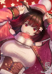 Rule 34 | 1girl, :d, alternate costume, animal ears, arms up, artist name, azur lane, bare shoulders, beanie, blunt bangs, blush, bob cut, bobblehat, breasts, casual, cat ears, clothing cutout, colored eyelashes, corset, dated, fang, floral print, flower, hair flower, hair ornament, hat, ikeda (cpt), large breasts, light particles, long sleeves, open mouth, paw pose, pom pom (clothes), red background, red eyes, red hat, short hair, shoulder cutout, smile, solo, tareme, upper body, yamashiro (azur lane), yamashiro (holiday offensive) (azur lane)