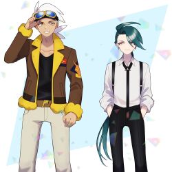 Rule 34 | 1boy, 1girl, belt, black necktie, black pants, black shirt, bright pupils, brown belt, brown jacket, closed mouth, collared shirt, commentary request, creatures (company), earrings, friede (pokemon), game freak, goggles, grin, hands in pockets, highres, jacket, jewelry, kana (kanna runa0620), medium hair, necktie, nintendo, open clothes, open jacket, pants, pokemon, pokemon (anime), pokemon horizons, red eyes, rika (pokemon), shirt, smile, suspenders, teeth, white hair, white pupils, white shirt, yellow eyes