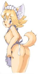 Rule 34 | 1girl, animal ears, apron, ass, blonde hair, blue eyes, blush, breasts, cyber connect 2, flo (solatorobo), furry, furry female, little tail bronx, looking at viewer, looking back, oyatsu (mk2), short hair, sideboob, simple background, small breasts, smile, solatorobo, solo, sweatdrop, tail, white background