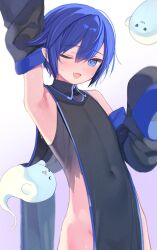 1boy aged_down alternate_costume arm_up armpits black_dress blue_hair blush covered_navel cowboy_shot crossdressing detached_sleeves dress eyelashes fang ghost gradient_background hair_between_eyes hand_up highres kaito_(vocaloid) looking_at_viewer male_focus mogu_(wy5xrt7w) one_eye_closed purple_background short_hair sideless_outfit sleeveless sleeves_past_fingers sleeves_past_wrists solo sweatdrop trap vocaloid white_background