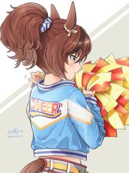 Rule 34 | 1girl, absurdres, animal ears, artist name, belt, blue jacket, blush, brown eyes, brown hair, closed mouth, dated, from behind, hands up, highres, holding, holding pom poms, horse ears, horse girl, horse tail, jacket, long sleeves, motion lines, multicolored hair, nape, nice nature (run&amp;win) (umamusume), nice nature (umamusume), pom pom (cheerleading), pom poms, ponytail, ryusei (ryusei b), short hair, solo, streaked hair, tail, umamusume, upper body