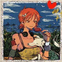 Rule 34 | 1girl, bare shoulders, candy, crop top, dog, earphones, food, hair between eyes, hair ornament, hairpin, head on chest, highres, holding, holding candy, holding food, holding lollipop, lollipop, makenevemoiine, nail polish, nami (one piece), one piece, orange eyes, orange hair, print shirt, red nails, shirt, short hair, sleeping, sleeping on person, sleeveless, solo