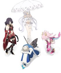 Rule 34 | 1boy, 3girls, ahoge, arthropod boy, bikini, blue cloak, braid, braided ponytail, bug, butterfly, butterfly wings, cape, cloak, clothing cutout, collar, cosplay, crown, diamond hairband, dragon girl, dragon horns, dragon tail, elizabeth bathory (fate), fate/grand order, fate (series), frilled bikini, frilled swimsuit, frills, fur-trimmed cape, fur trim, hephaestion (fate), highres, holding, holding umbrella, horns, insect, insect wings, iskandar (fate), iskandar (fate) (cosplay), lady avalon (fate), lady avalon (second ascension) (fate), long sleeves, lord el-melloi ii case files, medium hair, merlin (fate/prototype), metal collar, multicolored wings, multiple girls, ninjin (ne f g o), oberon (fate), parasol, pink hair, puffy sleeves, spoilers, stomach cutout, swimsuit, tail, twintails, umbrella, white bikini, white hair, white umbrella, wings