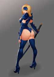 Rule 34 | 1girl, armor, ass, blonde hair, blue eyes, blue thighhighs, boongari, boots, breasts, grey background, high heel boots, high heels, katana, leotard, long hair, looking at viewer, looking back, mizuki (punisher), shoulder spikes, solo, spikes, sword, the punisher, thigh boots, thighhighs, thighs, thong leotard, weapon