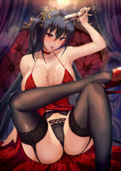 Rule 34 | 1girl, ahoge, alcohol, arm support, armpits, azur lane, bare shoulders, black hair, black panties, black thighhighs, blush, breasts, breath, champagne flute, choker, cleavage, clothes lift, collarbone, commentary request, covered erect nipples, crossed legs, cup, dress, dress lift, drinking glass, figure four sitting, garter straps, hair between eyes, hair ornament, head tilt, high heels, holding, holding cup, huge breasts, indoors, large breasts, light, long hair, looking at viewer, official alternate costume, on bed, one side up, open mouth, panties, photoshop (medium), pouring, pouring onto self, red dress, red eyes, red footwear, satou daiji, sidelocks, sitting, skindentation, smile, solo, sweat, taihou (azur lane), taihou (forbidden feast) (azur lane), thighhighs, tongue, tongue out, underwear, very long hair, wet