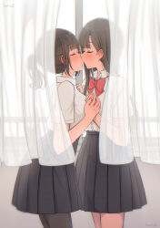 Rule 34 | 2girls, absurdres, behind curtains, betock, black hair, black pantyhose, black skirt, blush, bow, bowtie, brown hair, closed eyes, collared shirt, commentary request, curtains, dress shirt, highres, holding hands, imminent kiss, interlocked fingers, long hair, multiple girls, original, pantyhose, pleated skirt, red bow, red bowtie, school uniform, shirt, short ponytail, short sleeves, skirt, white shirt, window, yuri