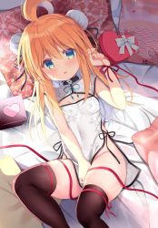 Rule 34 | 1girl, absurdres, ahoge, bare arms, bed sheet, black ribbon, blue eyes, blush, bow, box, breasts, brown hair, brown thighhighs, bun cover, china dress, chinese clothes, commentary request, covered navel, covering privates, covering crotch, double bun, dress, floral print, gift, gift box, grey dress, groin, hair between eyes, hair bun, hair ribbon, hand up, heart-shaped box, highres, kujou danbo, long hair, lying, on side, original, parted lips, pointy ears, print dress, red ribbon, ribbon, sleeveless, sleeveless dress, small breasts, solo, sweat, thighhighs, very long hair, white bow