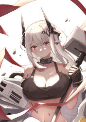 Rule 34 | 1girl, absurdres, arknights, armband, bare shoulders, black choker, black gloves, breasts, choker, cleavage, commentary, crop top, gloves, hammer, highres, holding, holding hammer, holding weapon, horns, infection monitor (arknights), large breasts, long hair, looking at viewer, midriff, mudrock (arknights), mudrock (elite ii) (arknights), navel, parted lips, pointy ears, red eyes, simple background, solo, sports bra, stomach, upper body, weapon, white background, white hair, zarsy