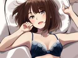 Rule 34 | 1girl, :d, animal print, arm up, armpits, bare arms, bare shoulders, bed sheet, blue bra, blush, bow, bow bra, bra, breasts, brown eyes, brown hair, butterfly print, collarbone, floral print, hand up, highres, kapatarou, looking at viewer, lying, medium breasts, nail polish, on back, open mouth, original, pillow, pillow grab, print bra, red nails, smile, solo, underwear, underwear only, upper body