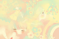 Rule 34 | 1girl, abstract, attomaaku, bad id, bad pixiv id, blush, bow, closed eyes, dress, dripping, face, flower, gradient background, gradient hair, hand on own cheek, hand on own face, heart, looking afar, looking away, melting, multicolored hair, nail polish, profile, rain, rainbow, red nails, sketch, tears, water, water drop