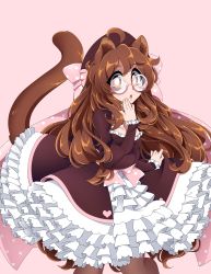Rule 34 | 1girl, absurdres, animal ears, black pantyhose, bow, breasts, brown eyes, brown hair, cat ears, cat tail, commission, doopiedoover, glasses, hair bow, heart, highres, large breasts, long sleeves, looking at viewer, original, pantyhose, parted bangs, pink-framed eyewear, pink bow, round eyewear, solo, tail