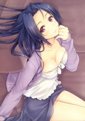 Rule 34 | 1girl, absurdres, blazer, blue hair, breasts, ch, cleavage, couch, courreges ace, highres, idolmaster, idolmaster (classic), indoors, jacket, long hair, looking at viewer, lying, medium breasts, miura azusa, on back, pinky out, purple eyes, scan, sideways, skirt, smile, solo