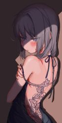 Rule 34 | 1girl, absurdres, back, back tattoo, blue eyes, blush, dorei to no seikatsu ~teaching feeling~, grey hair, heart, heart-shaped pupils, highres, looking at viewer, looking back, open mouth, scar, solo, strap slip, sutegoma, sylvie (dorei to no seikatsu), symbol-shaped pupils, tattoo