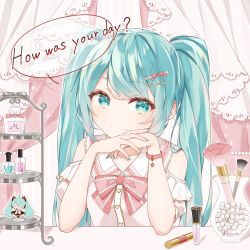 Rule 34 | 1girl, absurdres, aqua eyes, aqua hair, bare shoulders, bow, bracelet, buttons, collarbone, collared shirt, commentary, commentary request, cosmetics, curtains, drawing kanon, english commentary, english text, figure, frilled sleeves, frills, hair bow, hair ornament, hairclip, hatsune miku, highres, jewelry, long hair, looking at viewer, merchandise available, own hands together, pink bow, pink bracelet, pov, puffy short sleeves, puffy sleeves, shirt, short sleeves, sidelocks, solo, speech bubble, table, twintails, vocaloid, white shirt