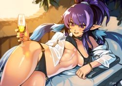 Rule 34 | 1girl, beach chair, bikini, black bikini, blue hair, bracelet, breasts, breasts apart, choker, covered erect nipples, cup, drinking glass, jewelry, judith (tales), leaf, long hair, looking at viewer, lying, medium breasts, multicolored hair, navel, o-ring, o-ring bikini, o-ring bottom, off shoulder, official alternate costume, on side, open clothes, open mouth, open shirt, optionaltypo, plant, pointy ears, ponytail, purple eyes, purple hair, see-through, shiny skin, smile, solo, stomach, streaked hair, swimsuit, tales of (series), tales of vesperia, toned, wine glass