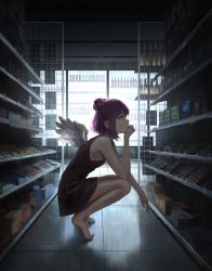 Rule 34 | 1girl, bare legs, barefoot, black dress, bottle, brown eyes, closed mouth, commentary, dark, double bun, dress, elbow on knee, feathered wings, full body, hair between eyes, hair bun, hand on own chin, hand up, head rest, highres, indoors, light, looking at another, looking at object, original, purple hair, short hair, sidelocks, sleeveless, sleeveless dress, solo, squatting, supermarket, symbol-only commentary, thinking, vertigris, white wings, wings