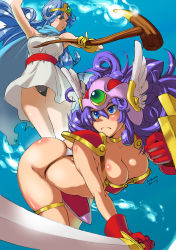 Rule 34 | 2girls, armor, ass, bent over, bikini armor, blue eyes, blue hair, breasts, cape, chunsoft, circlet, cleavage, curvy, dragon quest, dragon quest iii, enix, frown, gloves, grey eyes, helmet, huge ass, large breasts, magic, multiple girls, nekoguchi, panties, pantyshot, pinky out, purple hair, red armor, sage (dq3), shield, soldier (dq3), staff, sword, thong, underwear, upskirt, weapon, wide hips