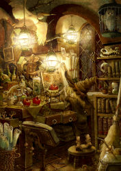 Rule 34 | 1girl, akio (artist), apple, basket, bat (animal), bird, book, bookshelf, bottle, broom, brown theme, cage, chair, child, claws, fantasy, food, fruit, hat, lantern, magician, mushroom, orb, owl, photo (object), pixiv fantasia, pixiv fantasia 3, potion, room, scroll, skull, solo, table, weighing scale, witch hat, aged down