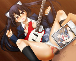Rule 34 | 00s, 1boy, 1girl, aico poron, animal ears, blush, brown hair, camera, cat ears, censored, clothes lift, clothing aside, guitar, hetero, instrument, k-on!, long hair, missionary, mosaic censoring, nakano azusa, nipples, open clothes, panties, panties aside, penis, photo (object), pussy, school uniform, sex, skirt, skirt lift, spread legs, underwear, vaginal, white panties