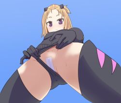Rule 34 | 1girl, bangs pinned back, black gloves, blonde hair, blue background, clothing aside, flip flappers, from below, gloves, leotard, leotard aside, looking at viewer, maebari, multicolored hair, no nose, purple eyes, short hair, simple background, solo, streaked hair, sumiyao (amam), sweat, yayaka
