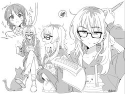 Rule 34 | 2girls, arm up, blush, cat, closed eyes, closed mouth, collared shirt, commentary, cropped torso, crossed legs, cup, dress shirt, earrings, girls band cry, glasses, greyscale, holding, holding cup, holding pen, hood, hoodie, iseri nina, jewelry, kawaragi momoka, le0niigo, long hair, long sleeves, looking at viewer, low twintails, midriff, monochrome, multicolored hair, multiple girls, open mouth, pen, romaji text, roots (hair), scratching, shirt, short twintails, sleepy, sparkle, spoken squiggle, squiggle, symbol-only commentary, twintails, upper body