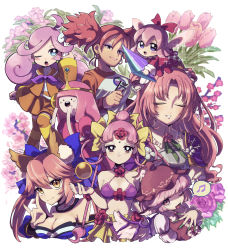 Rule 34 | 6+girls, adventure time, animal ears, animal hands, beamed eighth notes, bird ears, bird wings, blue bow, blue eyes, blush, blush stickers, bow, breasts, brown dress, brown headwear, character request, cherry blossoms, cleavage, closed eyes, closed mouth, color connection, copyright request, crossover, dress, fate/grand order, fate (series), fingernails, flower, flower knight girl, fox ears, gloves, green nails, hair between eyes, hair bow, hair bun, hair color connection, hair rings, hat, highres, kirby&#039;s dream land, kirby (series), large breasts, long fingernails, long hair, long sleeves, mega man (series), mega man battle network (series), multiple crossover, multiple girls, musical note, mystia lorelei, nail polish, nintendo, one eye closed, open mouth, paw gloves, pink eyes, pink flower, pink hair, pink rose, princess bonnibel bubblegum, puffy short sleeves, puffy sleeves, red dress, red eyes, red flower, rose, sharp fingernails, shirt, short hair, short sleeves, smile, spoken musical note, tamamo (fate), tamamo no mae (fate/extra), tawara osamu, touhou, white background, white wings, winged hat, wings, yellow eyes