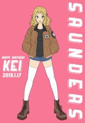 Rule 34 | 1girl, :p, absurdres, ankle boots, black shirt, blonde hair, blue eyes, blue shorts, blush stickers, boots, brown footwear, brown jacket, character name, closed mouth, commentary, cross-laced footwear, dated, denim, denim shorts, emblem, english text, girls und panzer, hair intakes, hands in pockets, happy birthday, highres, jacket, kay (girls und panzer), long hair, long sleeves, looking at viewer, micro shorts, military, military uniform, open clothes, open jacket, pink background, saunders (emblem), saunders military uniform, shirt, short shorts, shorts, simple background, smile, solo, st. gloriana&#039;s military uniform, standing, star (symbol), thighhighs, tongue, tongue out, uniform, white thighhighs, zono (inokura syuzo029)