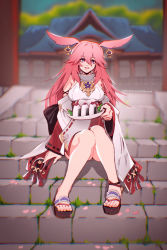 Rule 34 | 1girl, animal ears, anklet, architecture, bare shoulders, company connection, cosplay, crossover, earrings, east asian architecture, flip-flops, food, fox ears, full body, genshin impact, grin, hikareeek, holding, holding plate, honkai (series), honkai impact 3rd, japanese clothes, jewelry, mihoyo, miko, onigiri, open mouth, outdoors, pink hair, plate, purple eyes, sakura ayane, sandals, sitting, smile, solo, stairs, teeth, toes, trait connection, voice actor connection, yae miko, yae miko (cosplay), yae sakura