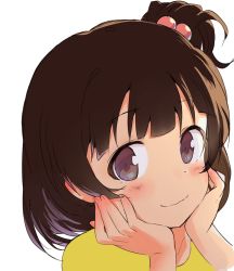 Rule 34 | 1girl, black hair, close-up, hands on own cheeks, hands on own face, head rest, highres, idolmaster, idolmaster million live!, looking at viewer, nakatani iku, short hair, shuucream (syuichi), simple background, smile, solo, white background