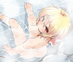 Rule 34 | 1girl, ahoge, ass, barefoot, bathing, blonde hair, blush, closed mouth, from above, hair between eyes, hair ribbon, looking at viewer, looking up, natsu no koucha, nude, red eyes, red ribbon, ribbon, rumia, short hair, sketch, smile, solo, touhou, water, wet