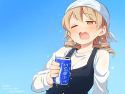 Rule 34 | 1girl, black dress, blue background, blush, brown eyes, brown hair, can, dress, gradient background, hair between eyes, half-closed eyes, head scarf, holding, holding can, idolmaster, idolmaster cinderella girls, long hair, morikubo nono, one eye closed, open mouth, plaid, pocari sweat, revision, ringlets, shirt, sleeveless, sleeveless dress, solo, sweat, uccow, upper body, wavy mouth, white shirt