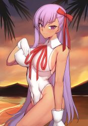 Rule 34 | 1girl, ass, bare shoulders, bb (fate), bb (fate) (all), bb (swimsuit mooncancer) (fate), bb (swimsuit mooncancer) (third ascension) (fate), beach, blush, breasts, covered erect nipples, covered navel, dark-skinned female, dark skin, fate/grand order, fate (series), gloves, groin, k jin, leotard, long hair, looking at viewer, outdoors, palm tree, purple eyes, purple hair, sleeveless, smile, solo, sunset, tan, tanline, tree, very long hair, white gloves, white leotard