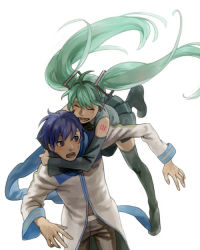 Rule 34 | 1boy, 1girl, ahoge, bad id, bad pixiv id, blue hair, blue scarf, cling, detached sleeves, esukee, glomp, green hair, hatsune miku, hetero, hug, jumping, kaito (vocaloid), scarf, tackle, thighhighs, twintails, vocaloid