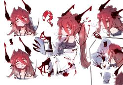 Rule 34 | 1boy, 1girl, ?, bags under eyes, blood, blood on face, blood on clothes, blush, cigarette, clipboard, coat, detached arm, detached horns, extra arms, fang, hair between eyes, head tilt, highres, id card, intravenous drip, karasu raven, kiss, lab coat, lanyard, monster girl, nosebleed, one eye closed, original, oversized clothes, red hair, sideways glance, simple background, smoking, white background