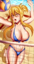 Rule 34 | 1girl, absurdres, arms up, artist name, ball, beach, beach volleyball, bikini, blonde hair, blue bikini, blurry, blurry foreground, blush, breasts, female focus, full body, highres, highschool of the dead, jumping, large breasts, looking at viewer, marikawa shizuka, open mouth, outdoors, playing sports, sand, solo, swimsuit, teeth, upper teeth only, volleyball, volleyball (object), volleyball net, xrv rv, yellow eyes