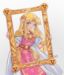 Rule 34 | 1girl, alpaca carlesi, apron, armor, bead necklace, beads, blonde hair, blue eyes, bracer, breasts, cape, cowboy shot, crown, dress, holding frame, jewelry, long hair, looking at viewer, medium breasts, necklace, nintendo, parted bangs, pink apron, pointy ears, princess zelda, short sleeves, shoulder armor, sidelocks, signature, smile, solo, the legend of zelda, the legend of zelda: a link between worlds, triforce, triforce earrings, white background, white cape, white dress