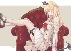 Rule 34 | 1girl, arm across waist, artist name, bare shoulders, black footwear, blonde hair, blue eyes, blush, braid, breasts, corset, couch, crossed ankles, crown, dated, dress, flower, french braid, garter straps, globus cruciger, hair between eyes, hairband, high heels, holding, holding weapon, ichiroku (sakumogu-029), jewelry, kantai collection, long hair, long sleeves, mary janes, mini crown, necklace, off-shoulder dress, off shoulder, open mouth, red flower, red ribbon, red rose, ribbon, rose, scepter, shoes, sitting, smile, solo, thighhighs, warspite (kancolle), weapon, white dress, white thighhighs