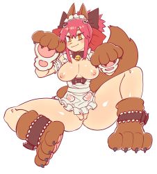 Rule 34 | 1girl, animal ears, animal hands, apron, bad id, bad twitter id, belt collar, breasts, cat ears, cat paws, cat tail, collar, fang, fate/grand order, fate (series), highres, naked apron, nipples, paw shoes, pink hair, pussy, simple background, sketch, smile, solo, spread legs, taikodon, tail, tamamo (fate), tamamo cat (fate), tamamo cat (third ascension) (fate), white background, yellow eyes
